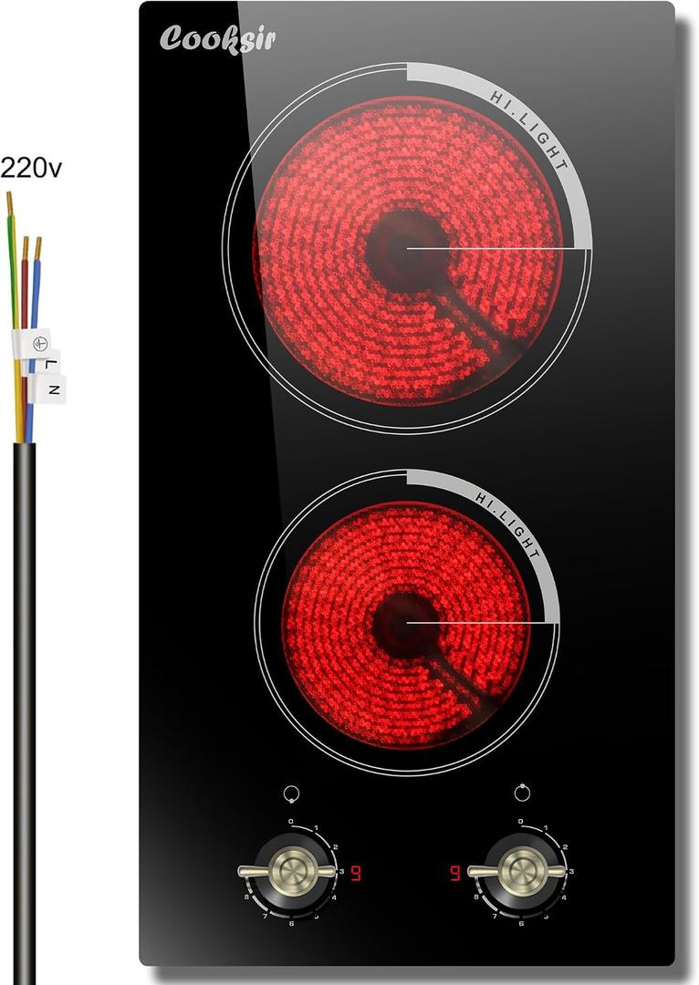 2 Burner Electric Cooktop - 12 Inch 220V Built-in Electric Stove Top 3000W, Ceramic Cook Top Radiant, 9 Power Heating Levels, Overheat Protection, Retro Knob, 220V - 240V Hard Wired (No Plug)