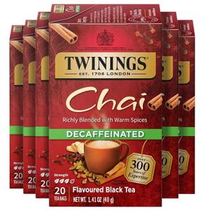 Twinings Decaffeinated Chai Individually Wrapped Bags, 20 Count (Pack of 6), Sweet, Savoury Spices, Enjoy Hot or Iced, 120 Teabags (EXP 11/01/26)