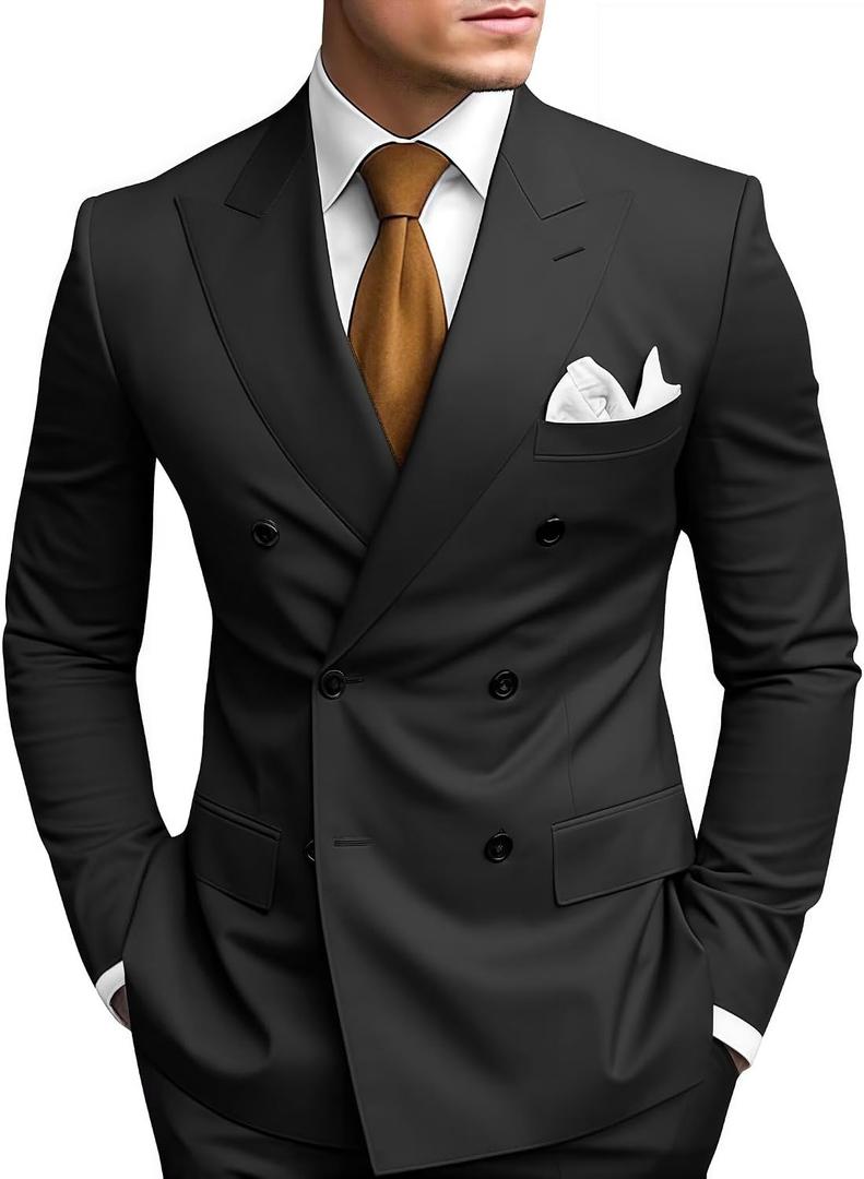 HANBANGWEI Mens 2 Piece Suit Slim Fit Double Breasted Blazer Men Formal Business Wedding Suits for Men Homecoming Suit All Black Prom Tuxedo Groomsmen Double Breasted Suits, M