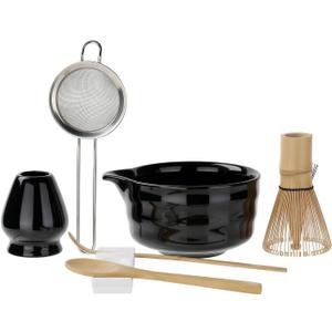 YOLIFE 7 Pcs Matcha Whisk Set, Includes Matcha Bowl with Spout, Bamboo Whisk (Chasen) with Ceramic Holder, Scoop and Powder Spoon, Sifter, Matcha Kit for Ceremony (Black)