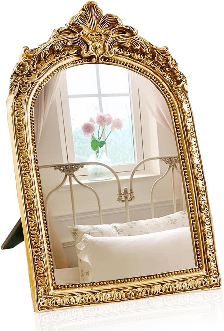 YUSONG Vintage Makeup Desk Mirror - 7" Gold Antique Mirror for Tabletop Resin Frame Decorative Wall Art for Living Room, Bedroom Decor, Vanity Table, Size: 9"L x 5.7"W
