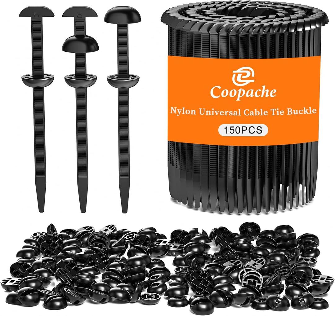 Coopache Nylon Universal Cable Tie Buckle for Car Heavy Duty, Upgraded Automotive Zipper Clips, Strap Style Fender Zip Ties Fasteners, Top Movable Dome (Black 150 PCS)