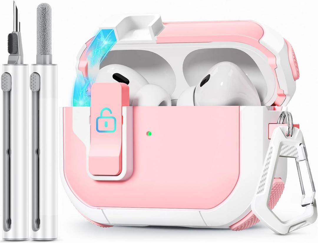 with Safety Lock for AirPods Pro 2nd Generation Case with Cleaner Kit, Hard AirPod Pro Case Cover with Keychain for Men Women Grily, for Apple AirPod Pro 2nd/1st Gen Case (2023 USB-C/2022/2019)-Pink