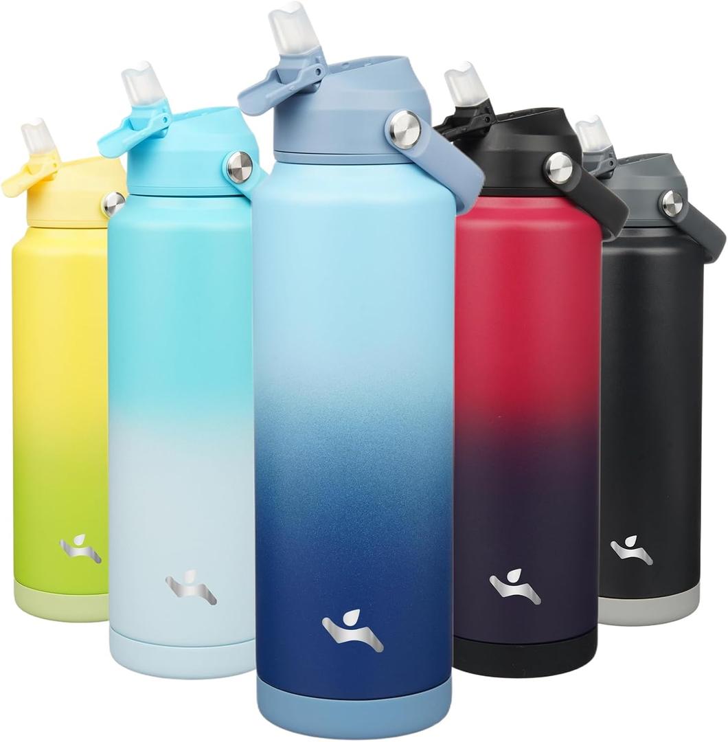 Konokyo Insulated Water Bottle with Straw Lid,40 oz Stainless Steel Vacuum Metal Bottle with Silicone Handle, Sky