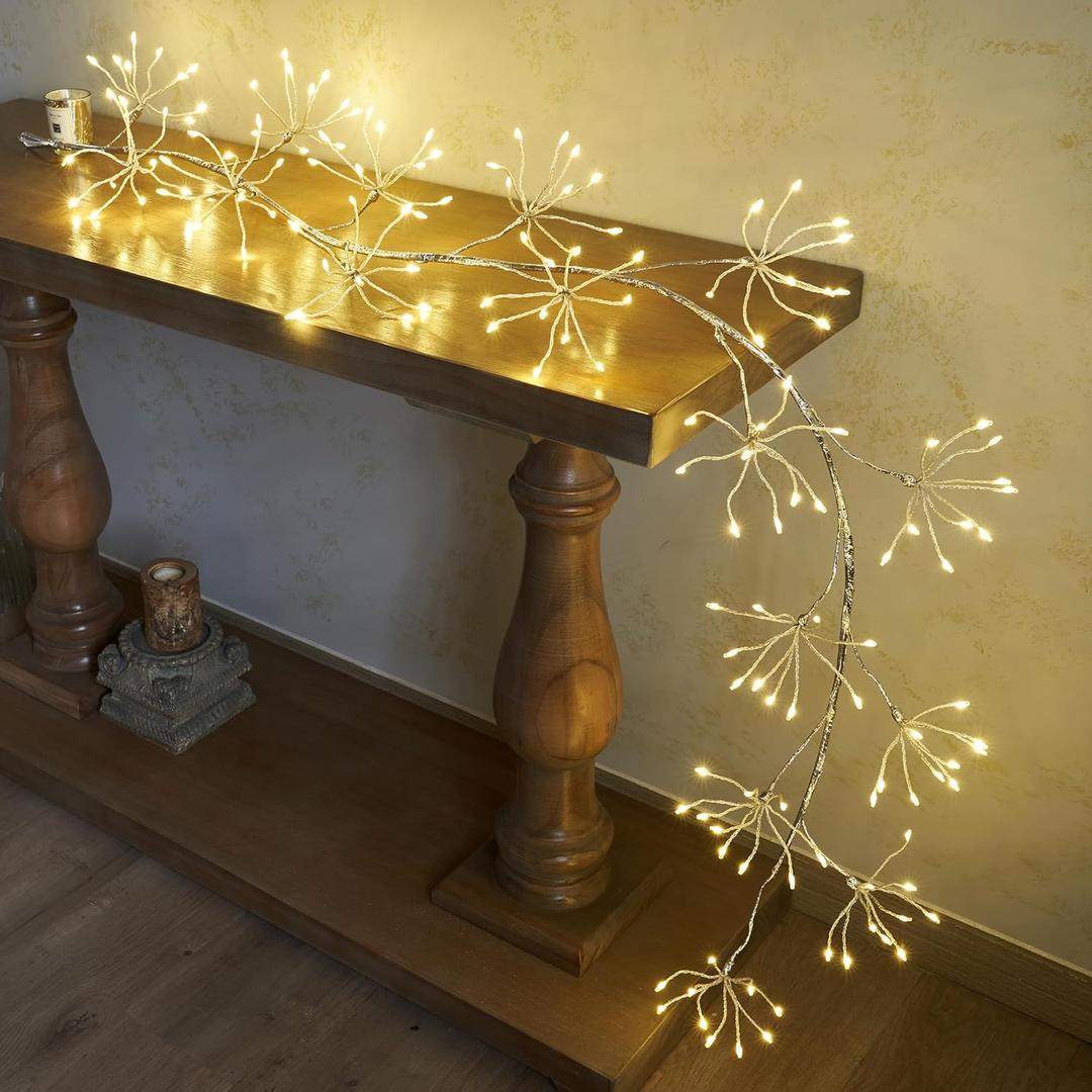 LITBLOOM Lighted Starburst Garland with Timer and Dimmer 6FT, Sliver Garland with Lights 160 Warm White LED Lights for Home Fireplace Mantle Thanksgiving Christmas Decoration Indoor Outdoor