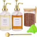 Coffee Bar Accessories, Coffee Syrup Dispenser-2 Pcs16.9 oz, Syrup Pump Dispenser for Coffee Bar, with Glass Bamboo Lid Jar with Spoon, Gold Pump Syrup Dispenser with Labels