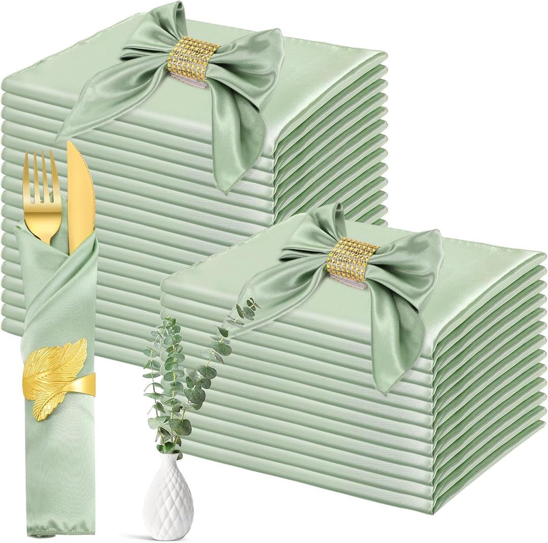 Newwiee 100 Pack Sage Cloth Napkins - 17 x 17 Inch Green Table Napkins for Dinner, Home, Wedding, Birthday Party - Machine Washable Reusable Square Satin Napkin