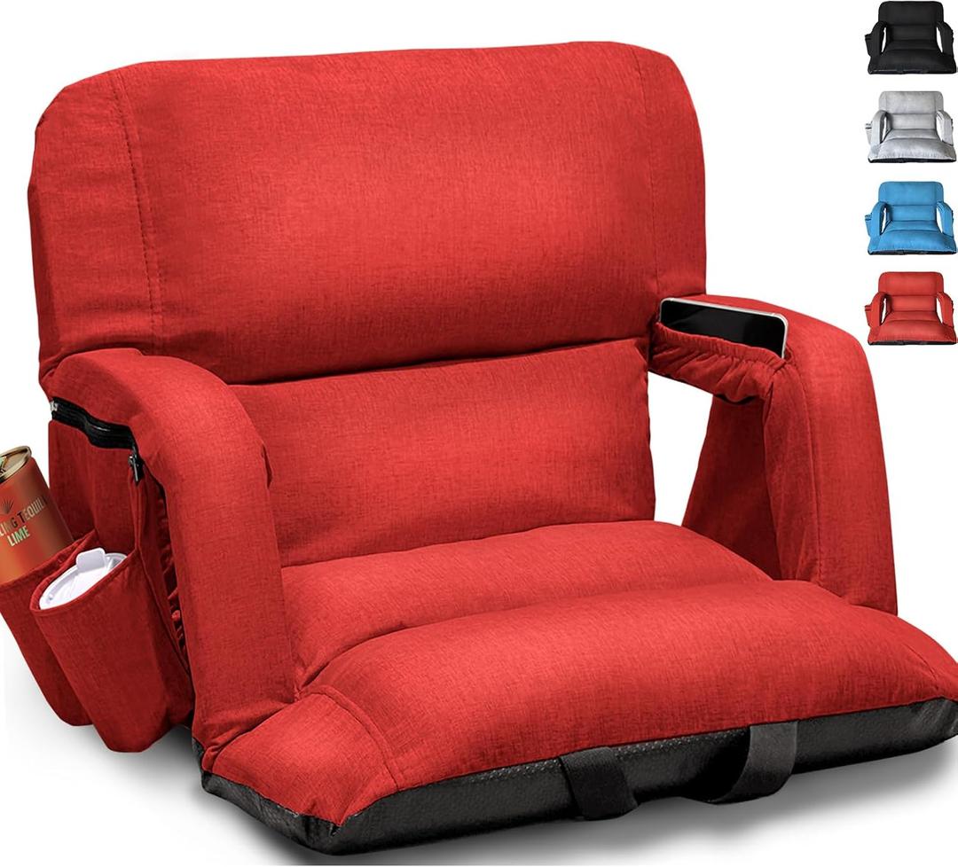 yeyeeyyee Wide Stadium Seats with Back Support, Exclusive Sofa Style Design Extra Thick Bleacher Chairs with Back and Cushion, 6 Reclining Positions - Ultimate Comfort for Sports Events (Red, 25"), Extra Wide - Width 25 Inches