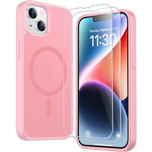 SPIDERCASE for iPhone 13 Case for iPhone 14 Case, Magnetic Translucent Matte Case with 2PCS Tempered Glass Screen Protector Slim Phone Case for iPhone 13/14 6.1'', Pink