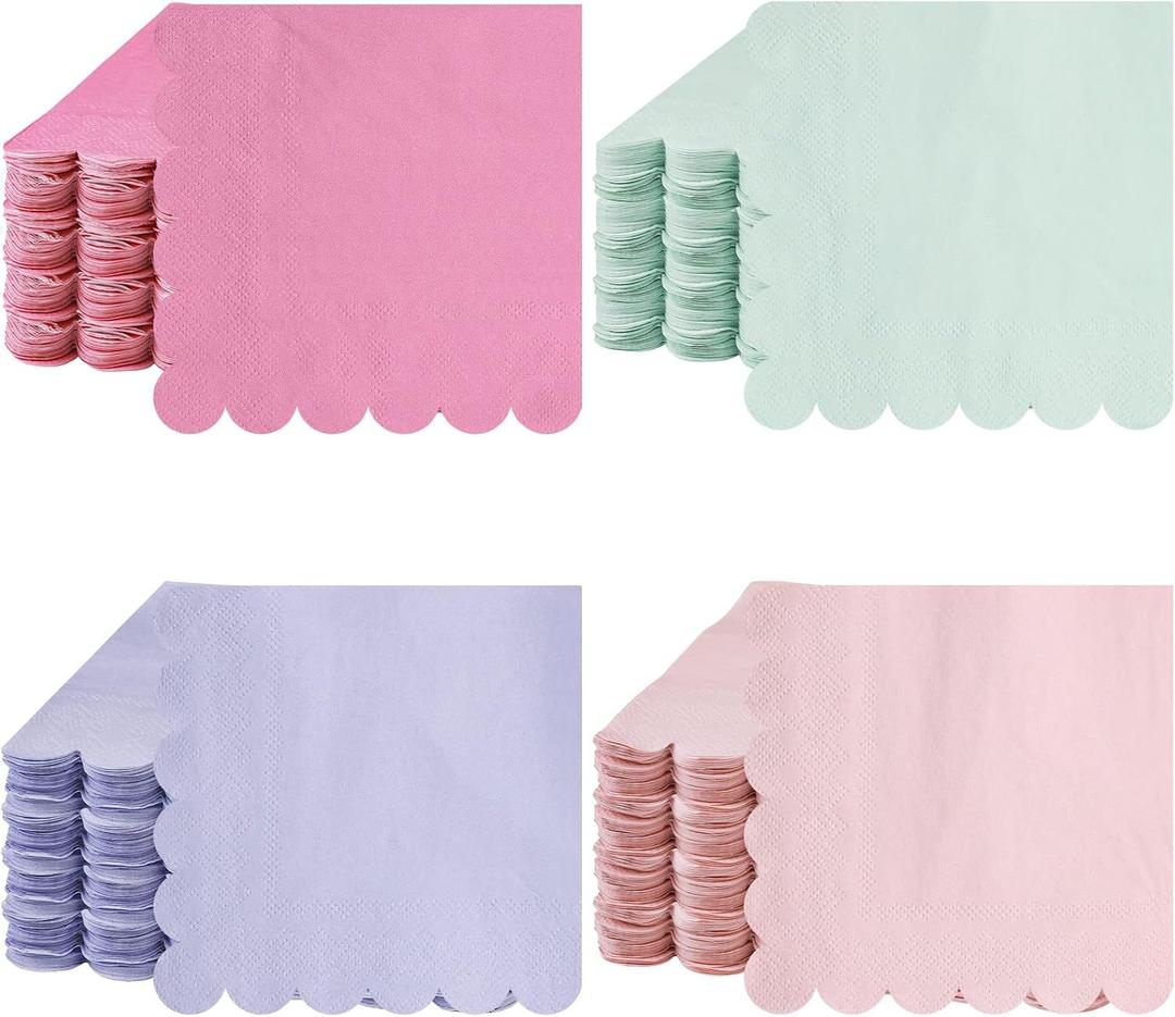 Kosiz Scalloped Edged Cocktail Napkins Pastel Paper Napkins Disposable Colorful for Party Wedding Shower Baby Beverage Dinner Birthday 5 x 5 Inches, 4 Macaron Colors(100 Pieces)