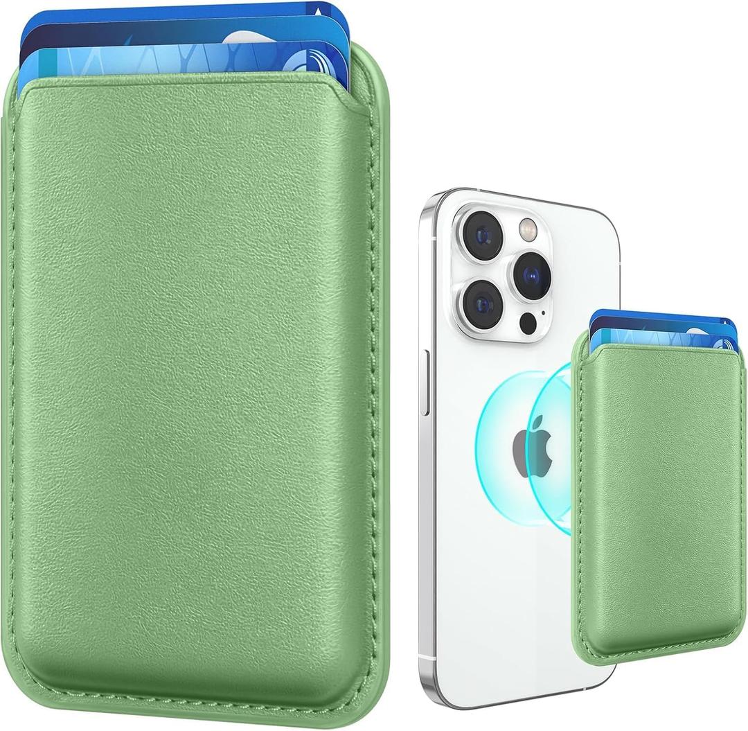 Magnetic Wallet Cell Phone Card Holder for Phone Case with Mag-Safe, Stronger Magnetic RFID Leather Phone Wallet Stick on Series of iPhone 17/16/15/14/13/12 and Pro/Promax, Light Green