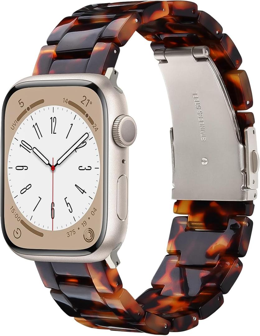 V-MORO Resin Band Compatible with Apple Watch Series 10/9/8/7 46mm 45mm 44mm 42mm Lightweight Fashion Strap for iWatch Series 6/5/4/3/2/1/SE with Metal Buckle Wristband Women Men(Tortoise)