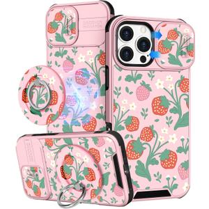 Buleens for iPhone 16 Pro Max Case 6.9 Inch - with Ring Stand & Camera Cover Aesthetic Cute Designed for Women Girls Kawaii Girly Strawberry Phone Case for iPhone 16 Pro Max Compatible with Magsafe
