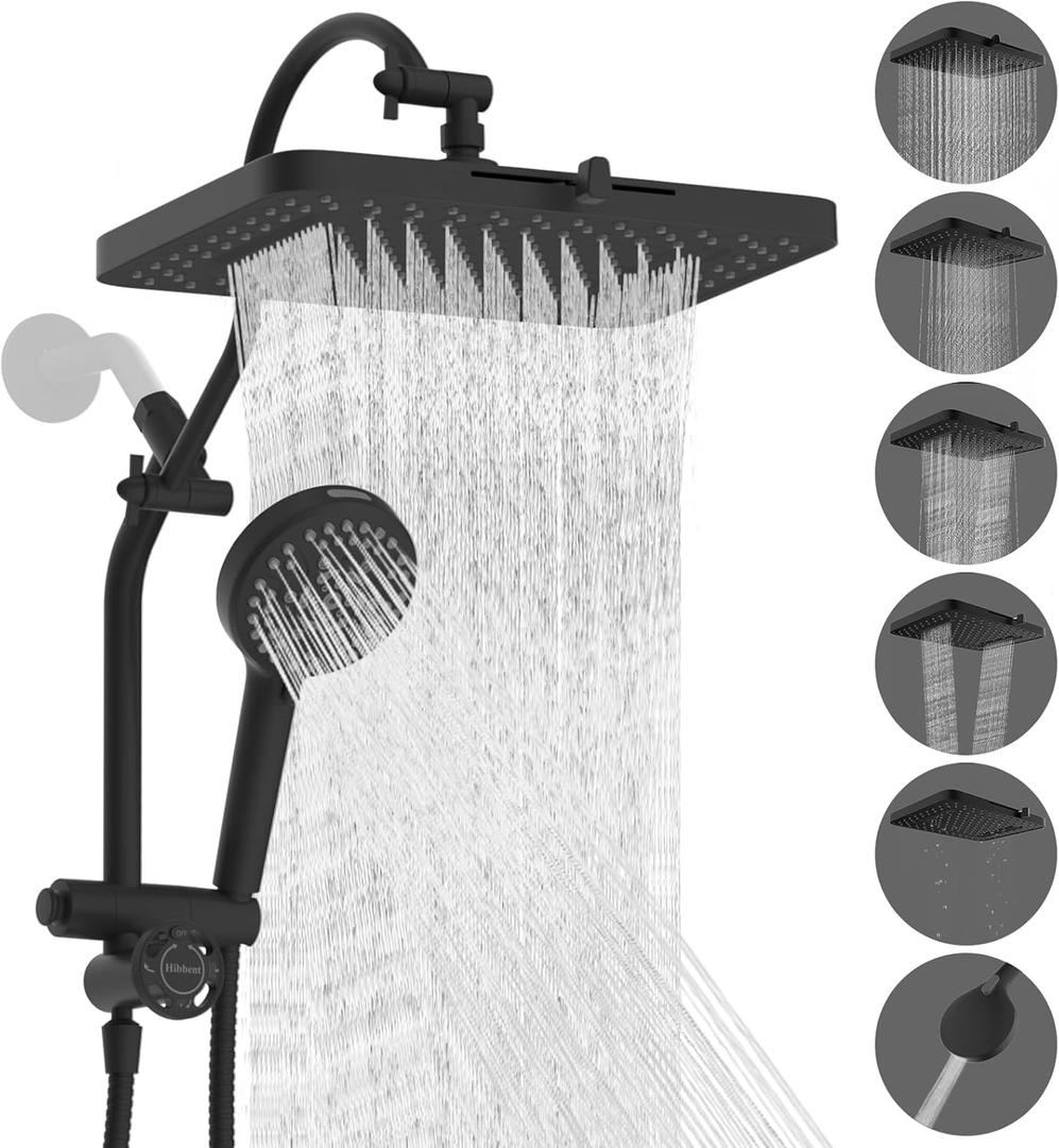 Hibbent cUPC Certified 13'' Shower Head Combo, High Pressure 5 Spray Rainfall Showerhead, 10 Spray Mode Handheld, All Metal Easy Reach 4-way Diverter Arm with Pause Mode, 71'' Hose and Holder, Black