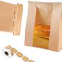 Dualshine 100 Pcs Kraft Paper Bread Bags with Window - 14" x 8.3" x 3.5" with Tin Strip and 500 Pcs Seal Stickers for Bakery, Bread, Cookies (Brown)