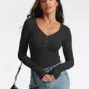 Meetrendi Women's Long Sleeve V Neck Shirt Sexy Henley Tight Slim Fitted Going Out Top Ribbed Button Fall Fashion 2025, XS