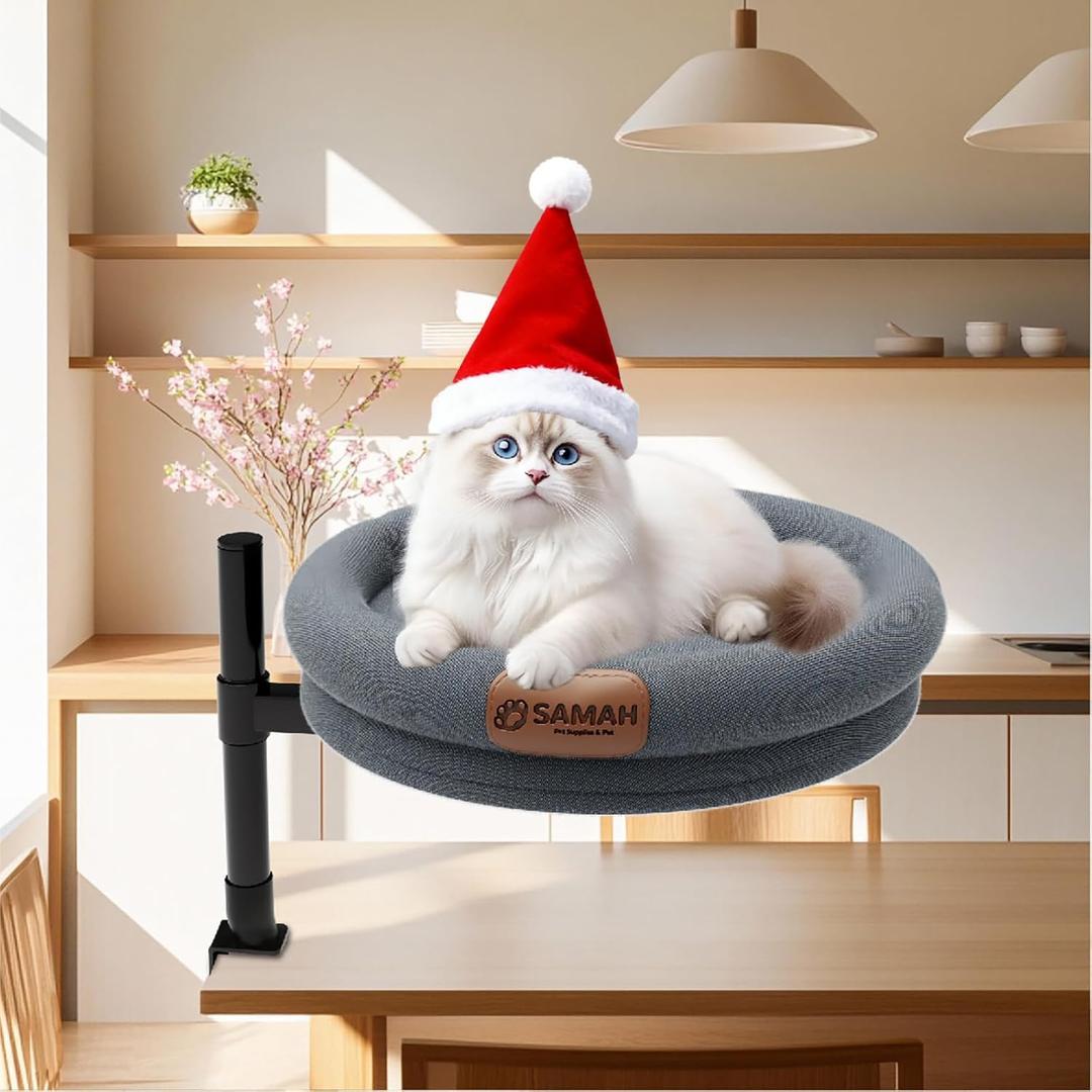 Cat Desk Bed, 360 Rotating & Height Adjustable, Upgraded Thick Cat Desk Hammock with Removable Washable Cover, Supports Up to 40lbs, Suitable for Office Desk, Game Table, Gifts for Cats Pets