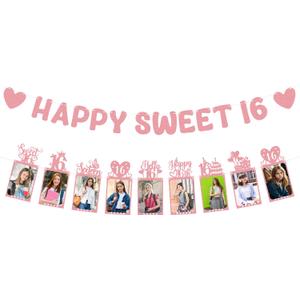Glitter Pink 16th Birthday Photo Banners Happy Sweet 16 Party Decorations for Girls Sixteen Birthday Crown Cake Hello 16 Birthday Picture Garland Banner Cheer to 16th Birthday Party Backdrop Decors