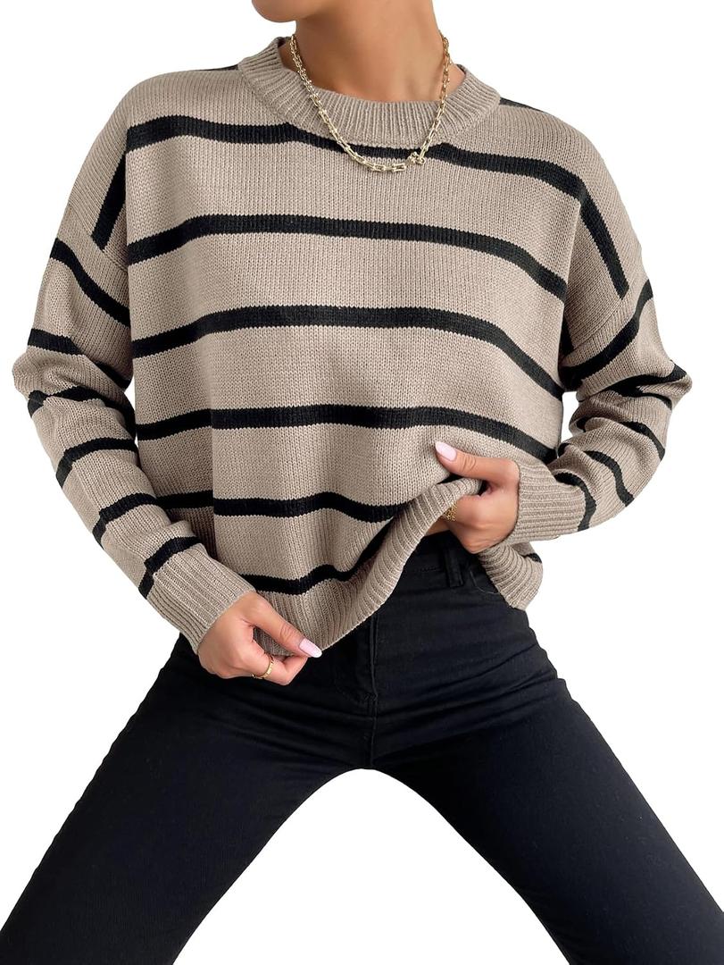 GORGLITTER Women's Striped Drop Shoulder Sweater Oversized Crew Neck Knit Sweaters Pullover Top L