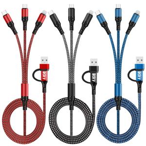 Multi Charging Cable (3Pack,4ft) 6 in 1 USB A/C to USB C/Micro USB/i-P Connector Multiple Charger Cord for Cell Phone/IP/Galaxy/PS/iPads and More