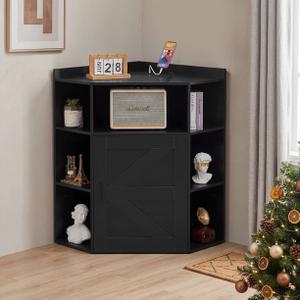 VECELO Corner Storage Cabinet with Charging Station, 34" H Corner Shelf with Barn Door & Adjustable Shelves, Space Saving Bookshelf for Bedroom, Living Room, Black