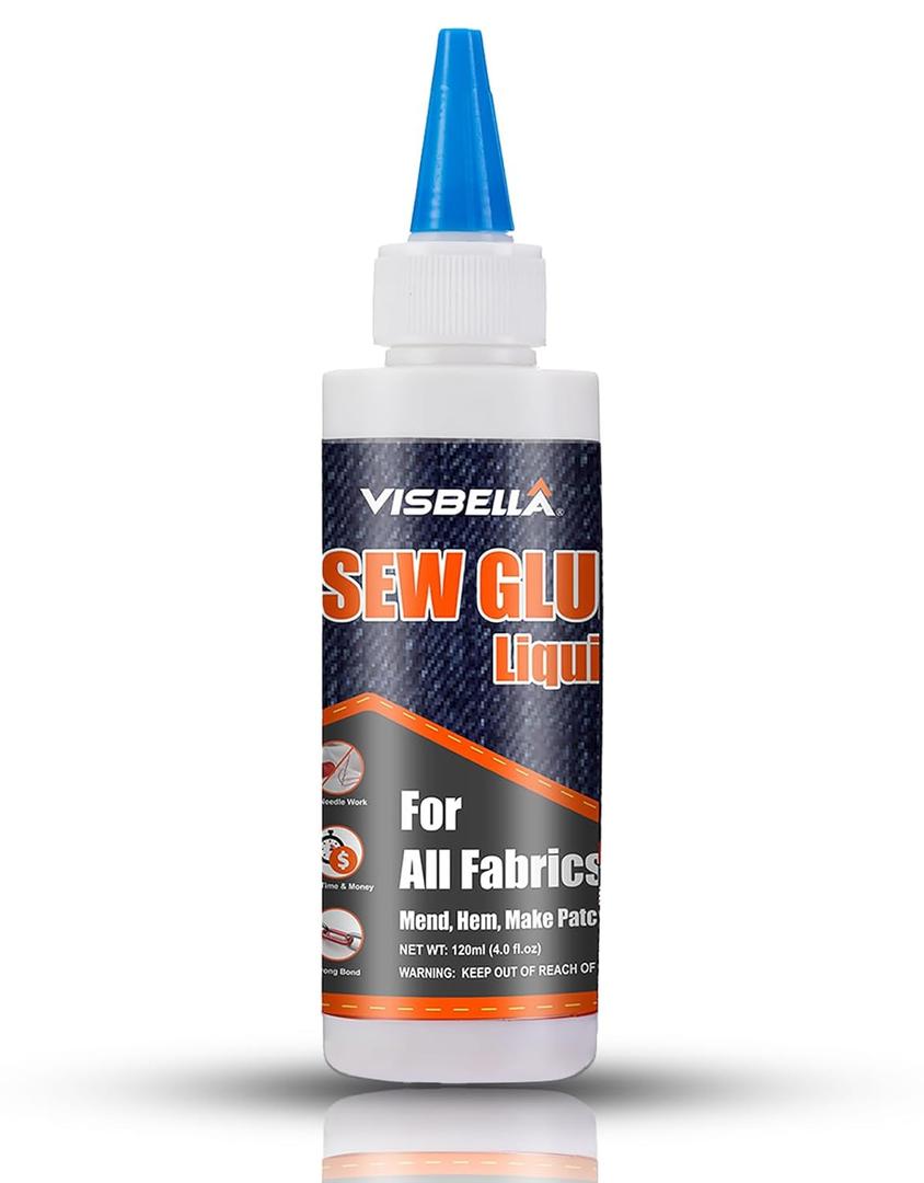 Visbella Fabric Glue, Sew Glue Liquid Stitch, Strong Bond Permanent Washable Craft Adhesive, for All Fabrics, Clothing, Tent, Curtain, Sofa Cover Repair & Make Patches (4.0 FL.OZ.)