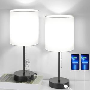 Table Lamps Set of 2 with USB Charging Ports, White Bedside Lamps with AC Outlet, Nightstand Lamps with Pull Chain Switch, Minimalist Modern Desk Lamps with Fabric Shade for Living Room Bedroom Office