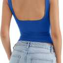 SUUKSESS Women Padded Open Back Boat Neck Tank Tops Double Lined Basic Shirts (Blue, L)