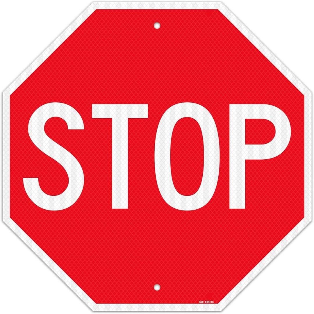 T&R Large Stop Sign Street Road Sign 18 x 18 Inches. Engineer Grade Reflective Sheeting, Rust Free Aluminum, Weather Resistant, Waterproof, Fade Resistant, 2 Pre-drilled Holes