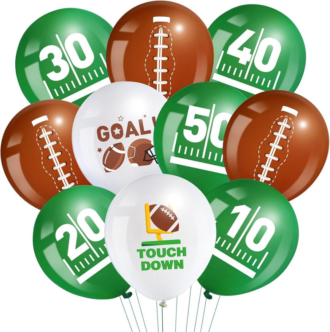 Censen 45 Pieces Football Balloons 12 Inch Sport Latex Balloons Football Party Balloon Touch Down White Green Brown Balloon for Game Sports Birthday Party Themed Decorations