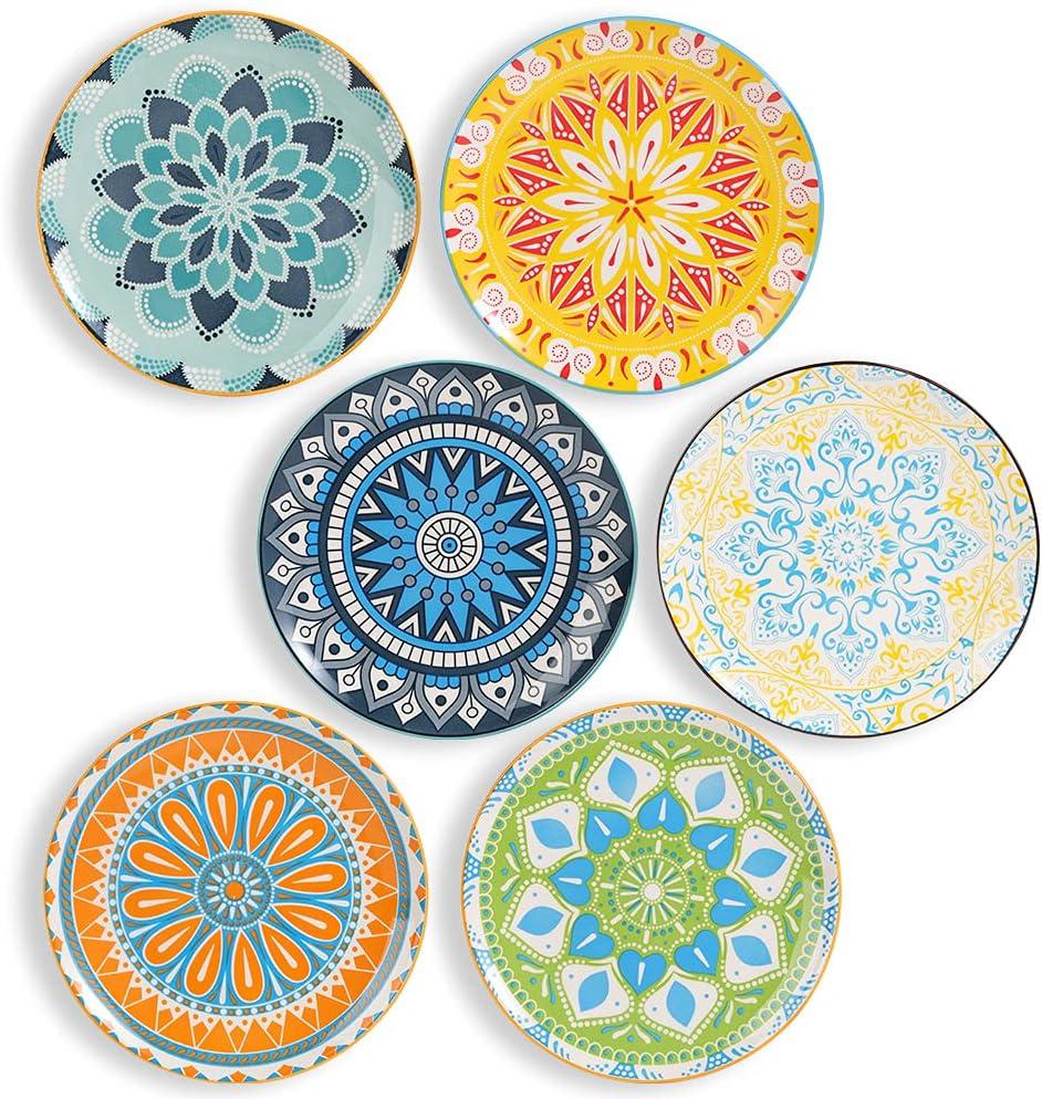 Dinner Plates Set of 6, 8 Inch Scratch Resistant Ceramic Plates, Dishwasher and Microwave Safe, Pasta Plate, Salad Plate, for Main Course, Multicolor