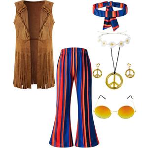 Kids Girls 60s 70s Hippie Costume Pants Set Fringe Vest Peace Flared Pants Outfits Accessories Set (10-12 Years, Blue)