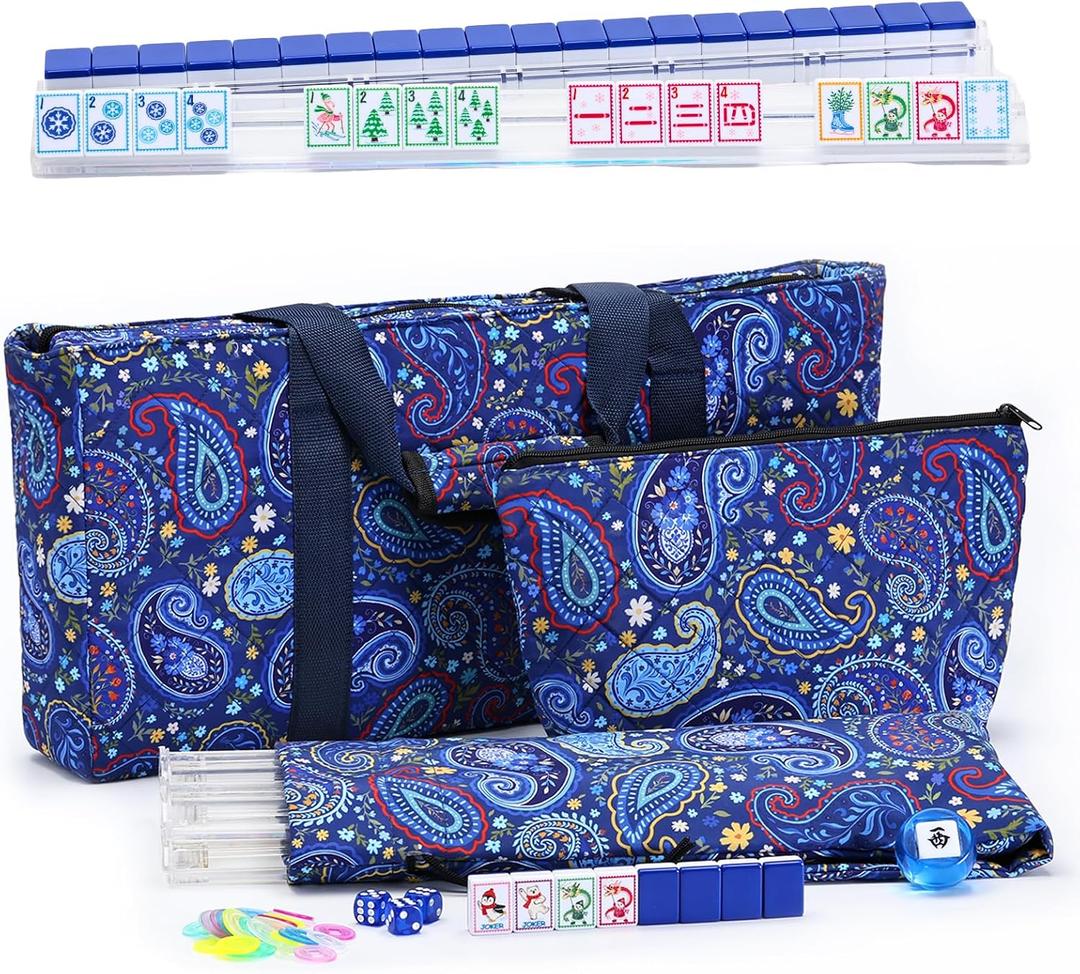 American Mahjong Tile Set(Winter-Themed), 160 Blue Engraved Tiles with Racks and Mahjong Bag, Mahjong Set for Beginners