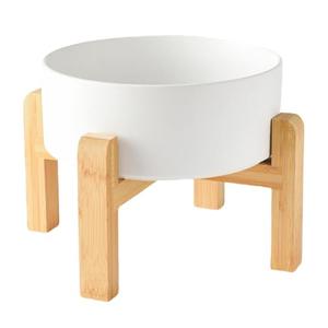 Welloyed 8'' Ceramic Raised Dog Bowl - 70Oz Dog Food & Water Bowl with Elevated Non-Slip Bamboo Stand, Dishwasher & Microwave Safe, Anti Vomiting Heavy Duty Pet Bowl for Medium and Large Dogs, White