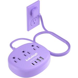 Purple Extension Cord with Surge Protected 1080J - 5 FT Flat Extension Cord, 1625W Cute Extension Cord with 3 AC Outlet 4 USB (24W/4.8A), Compact for Cute Purple Kawaii Lavender Accessories