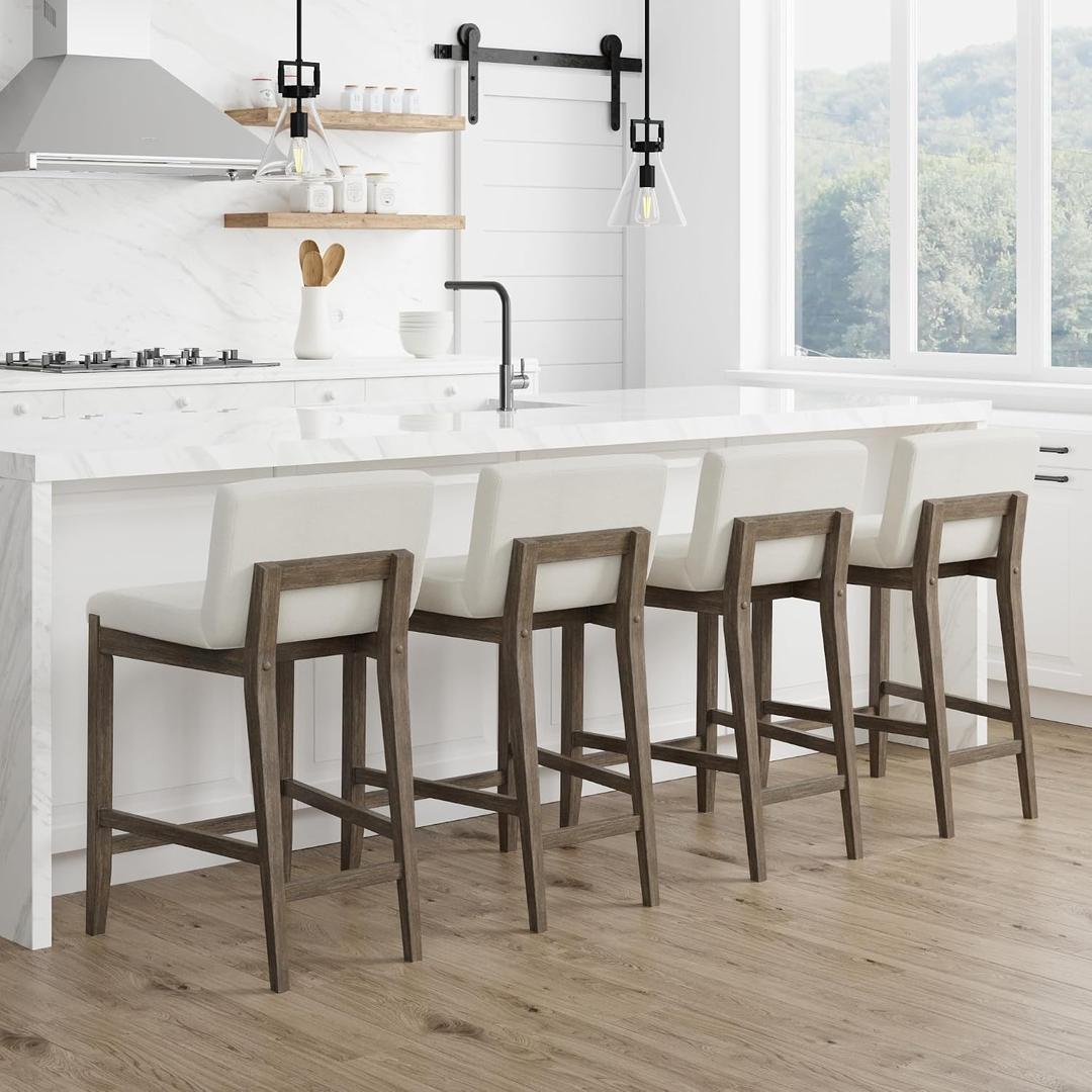 Nathan James Gracie Modern Counter Height Bar Stool with Back, Counter Stool Upholstered Chair with Natural Textured Linen and Brushed Wooden Legs, Cream Boucle/Dark Brown, Set of 4