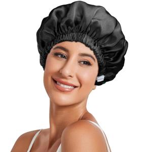 Necole 22 Momme 100% Mulberry Double Silk bonnet for sleeping women Double Layer lined Stay On Head for Hair Care with adjustable elastic Band Non-Slip Silk Turban Curly Hair silk hair cap Black