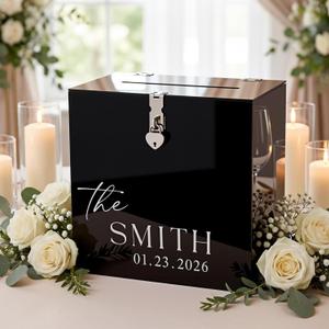 LemonRoad Black 10 Inches Wedding Acrylic Card Gift Box with Lock Slot and Last Name Transfers Money Box for Bridal Shower Wedding, Honeymoon, Baby Shower Birthday Party Reception Decoration
