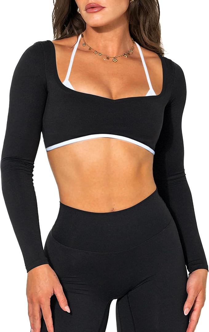 Women Backless Long Sleeve Workout Tops Gym Shirt Athletic Clothes Built in Bra Open Back Crop Top Yoga Sport Halter (Medium, Black White)