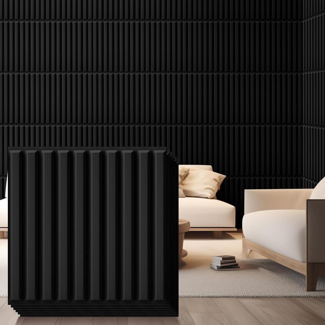 Nuanchu 32 Pcs 3D Slat Wall Panels, 12"x12" PVC Fluted Wall Paneling for Interior Decor, Paintable Waterproof Textured Tiles for Living Room TV Background Gaming Room, 32 Sq. ft Coverage (Black)