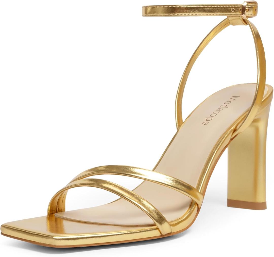 Modatope Gold Womens Sandals Square Open Toe Block High Heels Strappy Ankle Strap Sandals Comfort Dress Party Shoes Size 6