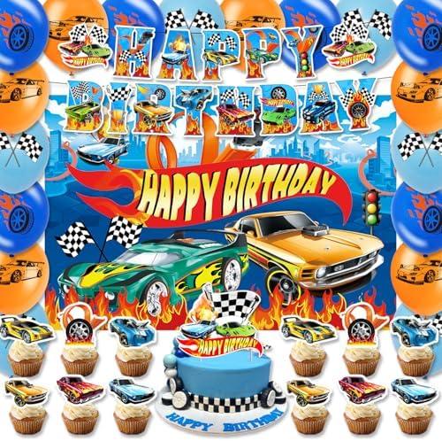 42 Pieces Hot Cars Birthday Decorations Race Car Banner, Cake Toppers, Balloons, Backdrop Party Supplies for Baby Shower Wheels Birthday Party Decorations
