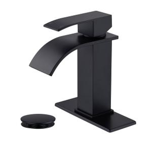 Black Waterfall Bathroom Faucet Single Hole, Bathroom Sink Faucet with Pop Up Drainer Assembly and Deck Plate for 3 Hole Installation JXM122BK