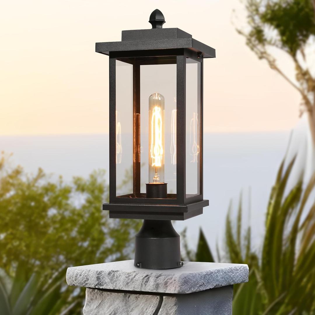 LALUZ Outdoor Post Lights, 1-Light Black Rectangular Post Lights Outdoor with Clear Glass Shade, 18.1'' Modern Farmhouse Anti-Rust Waterproof Lamp Post Light Fixture