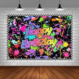 Lofaris Neon Glow in The Dark Birthday Party Photography Backdrops Colorful Graffiti Splash Paint Background Slime Happy Birthday Black Light Sleppover Party Banner Decor for Kids Birthday Supplies