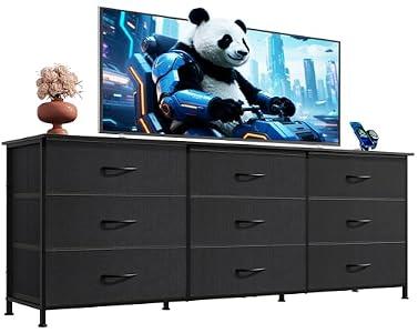WLIVE 63''W Dresser for Bedroom, Black Dresser TV Stand for 65, 70, 75 inch TV, Wide Chest of Drawers with 9 Drawer, Large Entertainment Center, Fabric Dressers with Wood Top for Closet, Living Room