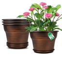10 Inch Planters Plant Pots Indoor Outdoor, 4 Pack Plastic Flower Pot for Indoor Plants with Drainage Holes & Trays, Resin Decorative Container Sets with Saucer for House Garden Copper