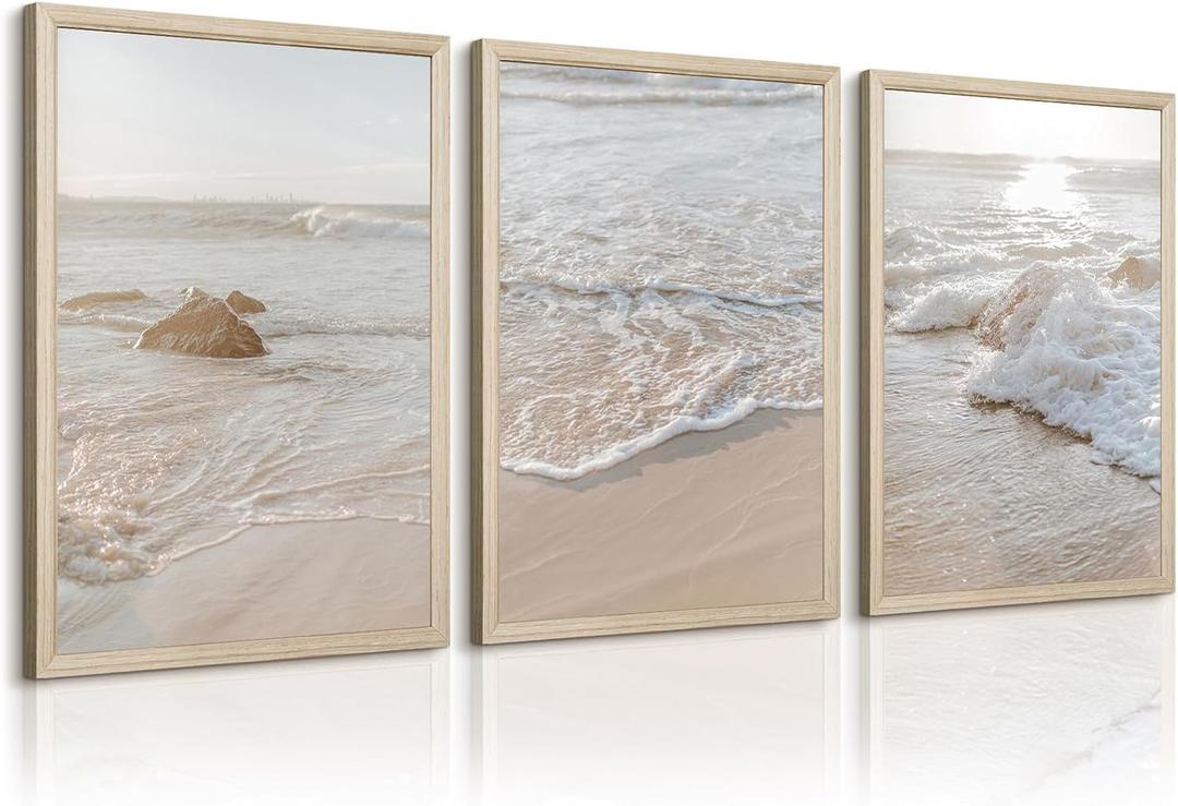 Beach Wall Art Decor Coastal Wall Art Pictures Ocean Canvas Wall Art Beige Beachy Wall Decor Boho Beach Prints Ocean Painting Coastal Artwork for Bedroom Living Room 12x16 Inch Wood Framed Set of 3