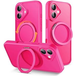 MCKRO Case for iPhone 16 Plus (6.7 inches), Shockproof Magnetic Phone Case Cover with 360° Rotatable Kickstand, Compatible with MagSafe Wireless Charger (Hot Pink)