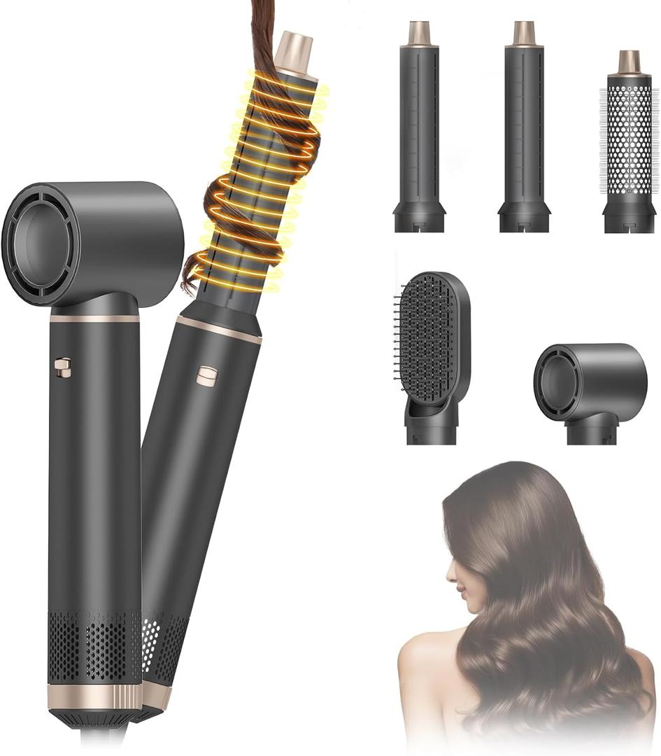 5 in 1 Hair Styler & Hot Air Brush - Air Curling Wrap with Low-Speed Negative Ion Technology, Hair Dryer Brush for Drying, Curling, Straightening & Styling, Hair Styling Tools at Home (Grey)
